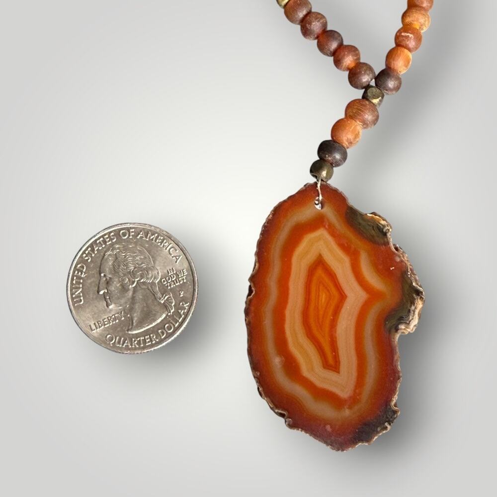 Vintage Natural Agate Slice Pendant Necklace Wood Beads 1/20 14K GF 15 inch - Picture 11 of 11